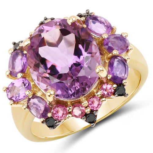 14K Yellow Gold Plated 5.25 Carat Genuine Amethyst, Rhodolite and Blue
