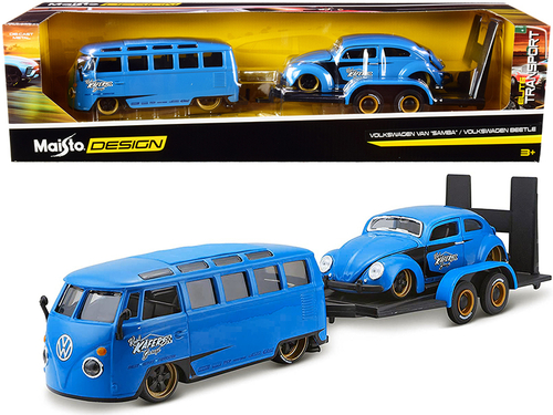 Volkswagen Van Samba with Volkswagen Beetle and Flatbed Trailer Blue