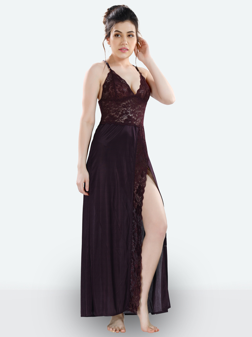 Romaisa Women's Satin Solid Brown Maxi Length Nightgown