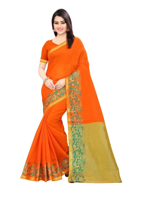 Generic Women's Cotton Silk Saree(Orange, 5.5-6