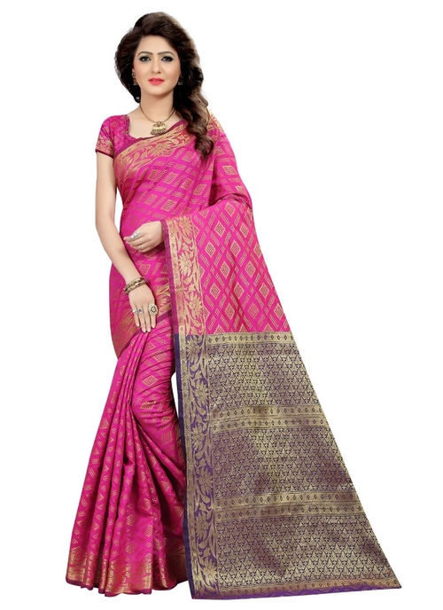 Generic Women's Cotton Saree with Blouse (Pink,