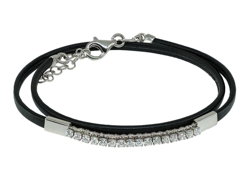 Fronay 366102 Double Layer Cubic Zirconia Black Leather Wrap Bracelet 