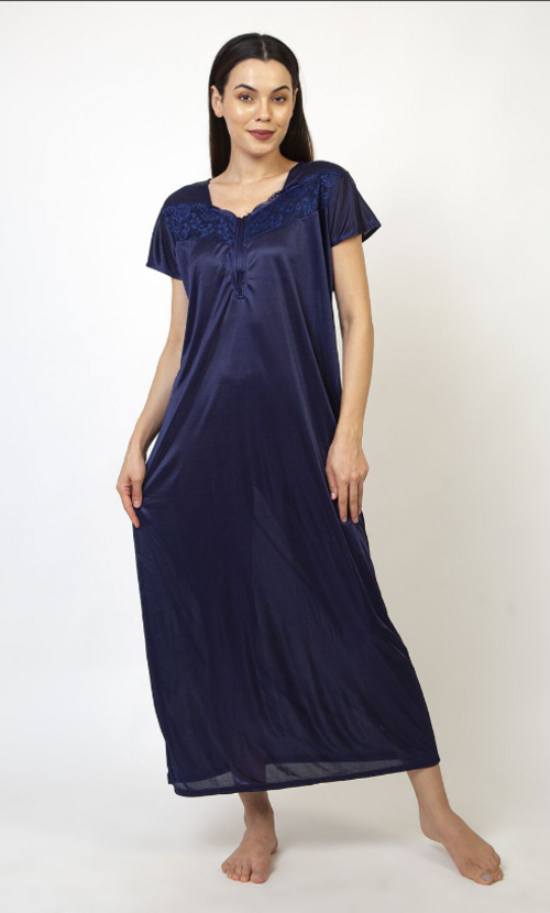 Women Round Neck Short Sleeves Satin Maxi Nighty Navy Blue(Size XL)