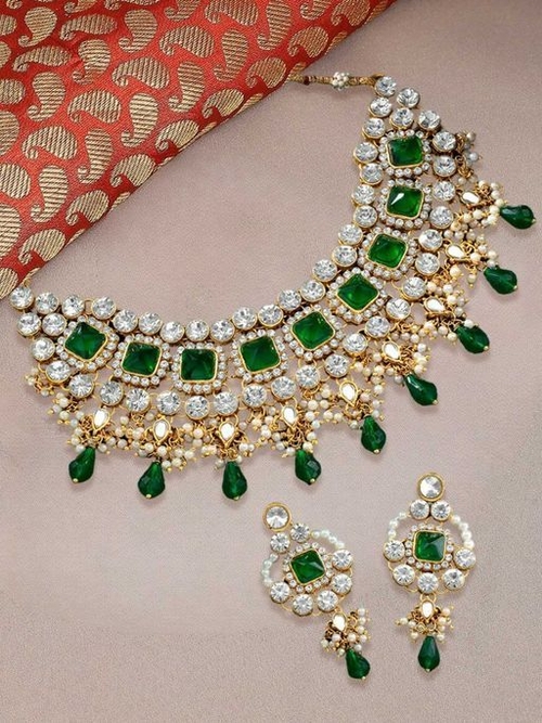 Green Stone & Kundan Heavy Ethnic Necklace Set with Drop Earrings