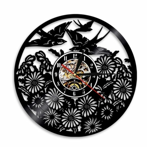 SWALLOW BIRD FLOWERS ORNAMENT HANDMADE VINYL RECORD WALL CLOCK
