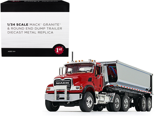Mack Granite with Round End Dump Trailer Red and Chrome 1/34 Diecast