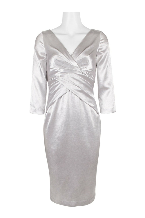 Adrianna Papell V - Neck 3/4 Sleeve Pleated Zipper Back Solid Satin