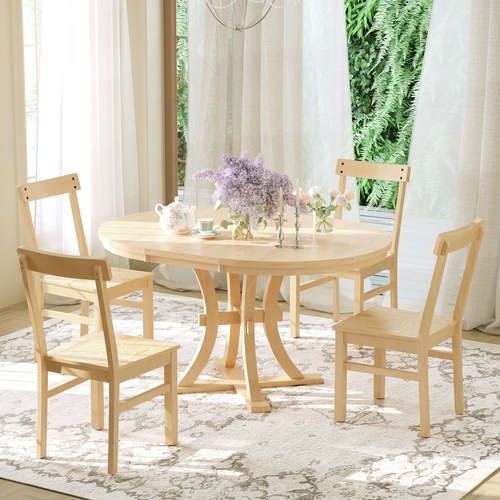 5-Piece Rustic Round Pedestal Extendable Dining Table Set with 15.7"