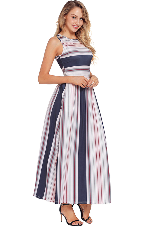 Navy Red Multi Striped Pocket Style Maxi Tank Dress