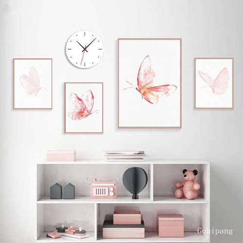 Pink Watercolor Butterfiles Wall Decor Poster And