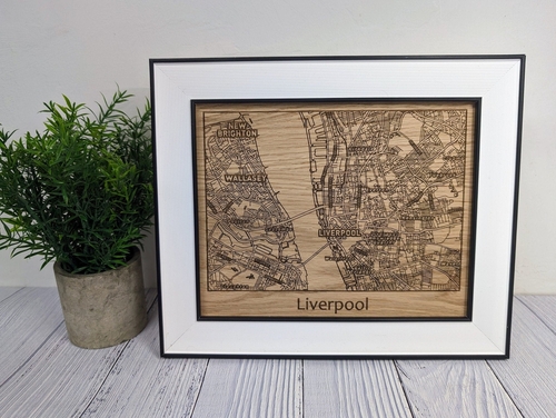 Framed Wooden Liverpool Map - Oak City Map with Wirral, Wallasey & New