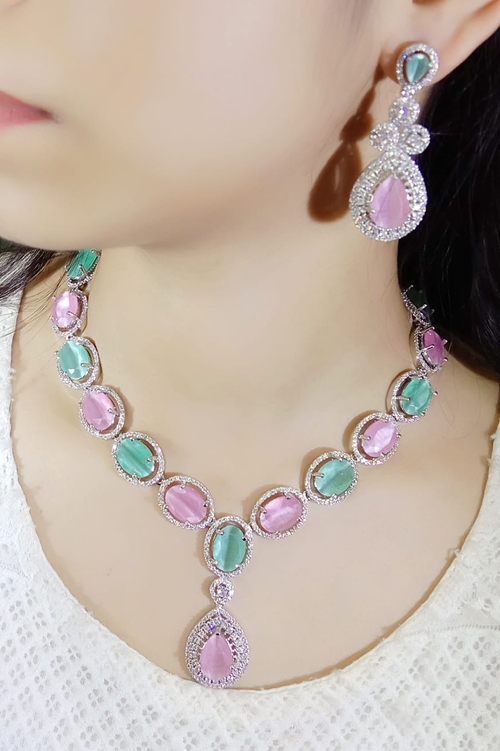 Artificial Diamond Necklace Set Light Blue&Pink Cz Stone Party Wear