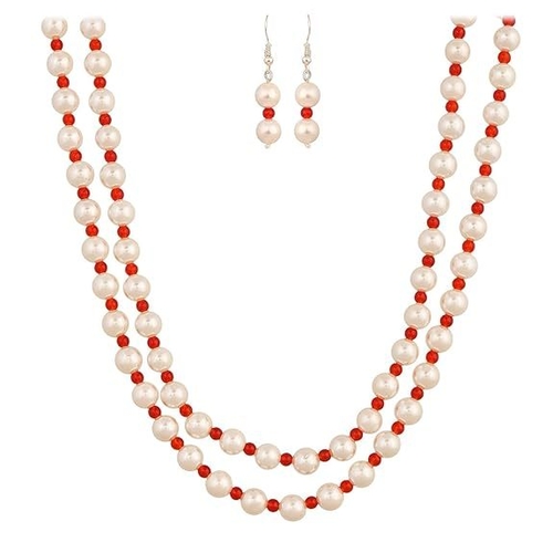 Dual Strand Necklace Pearl Moti Mala Jewellery Set with Earrings for