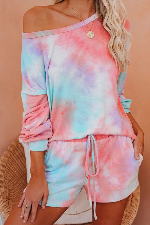 Pink Tie-dye Print Long Sleeve and Shorts Loungewear