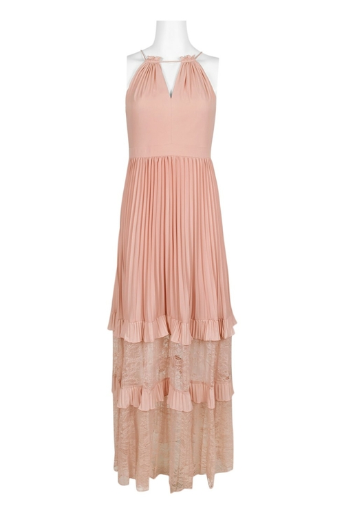 Aidan Mattox Halter Strap V-Neck Ruched Tiered Zipper Back Accordion