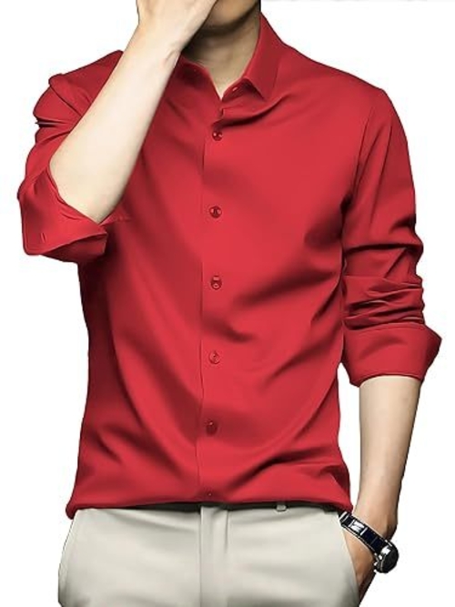 Men Regular Fit Full Sleeve Satin Silk Shirt (Size-S) (Color-RED)