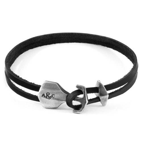 Coal Black Delta Anchor Silver & Flat Leather Bracelet