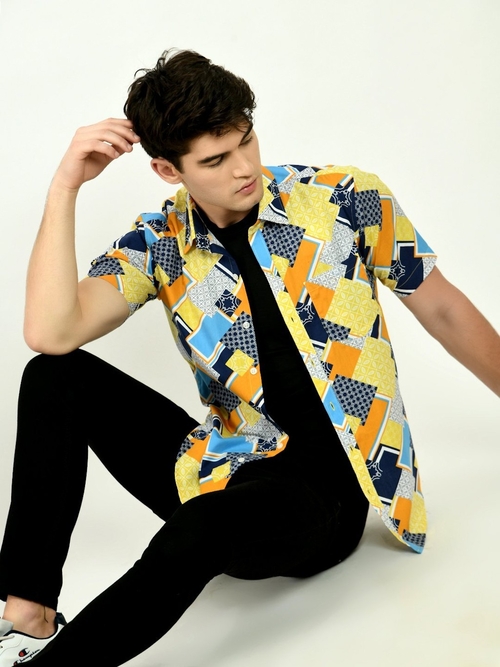 Abstract Square Printed Vacation Shirt-YELLOW (Size-L) (Color-YELLOW)