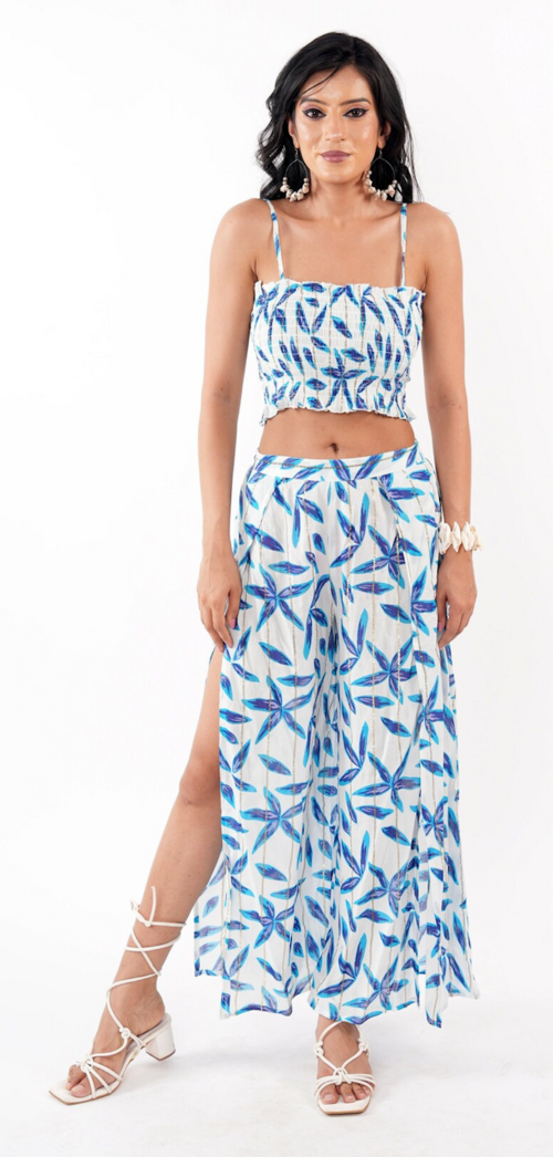 Women's Summer Wrap Trouser & Smocked Top Set Dress (Color Blue &