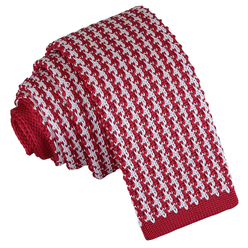 Houndstooth Knitted Skinny Tie - White & Red