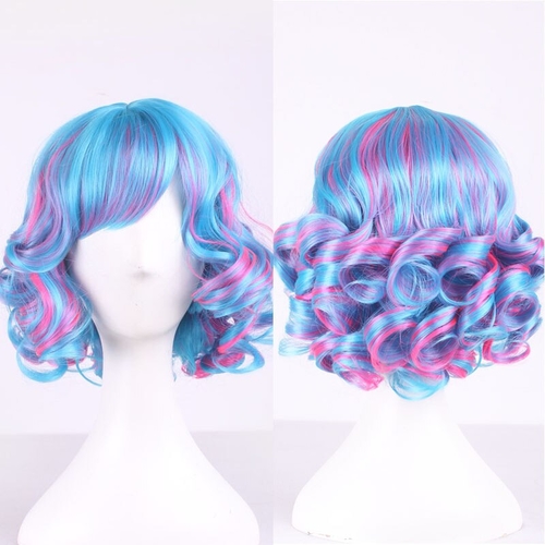 High Quality Mix Blue Pink Short Curly Wig With