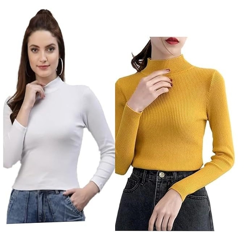 MULTICOLOR High Turtle Neck Fullsleeve Ribbed Tops for Women SIZE M