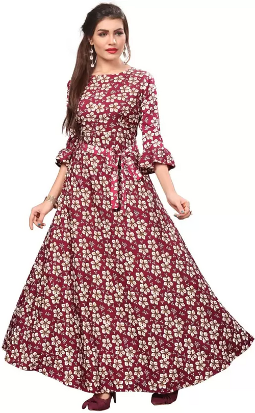 Women's Printed Crepe Stitched Anarkali Gown (Purple) (Size S)