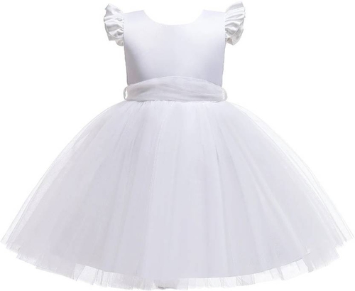Girls Below Knee Festive/Wedding Dress (White, Short Sleeve)
