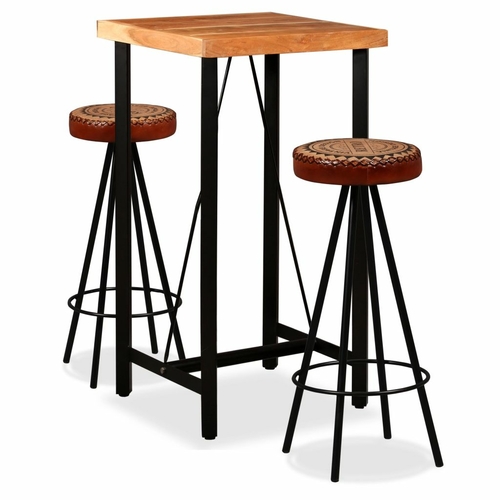 Bar Set 9 Pieces Solid Acacia Wood, Genuine Leather & Canvas