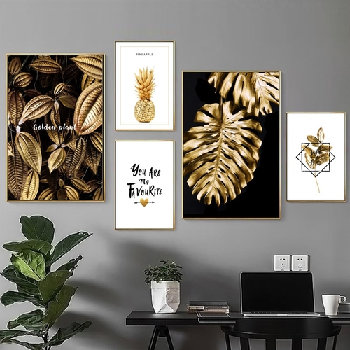 Golden Plant Palm Leaf Pineapple Quotes Wall Art