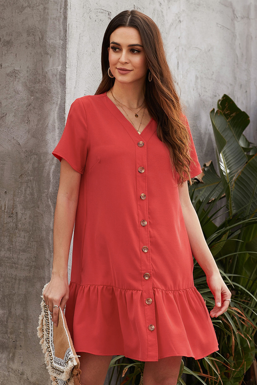 Red Pocketed Button Down Ruffle Dress