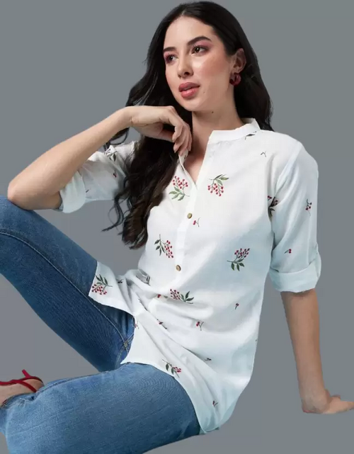 Casual Roll Up Sleeves Embroidered Women White Top (Size XL)