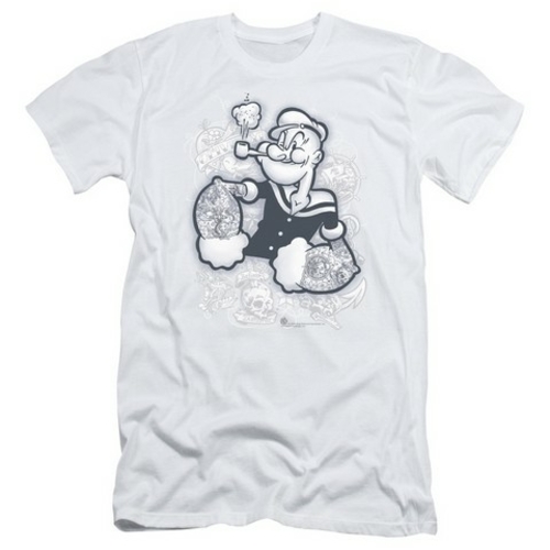 Trevco Popeye-Tattooed Short Sleeve Adult 30-1 Tee, White - Medium
