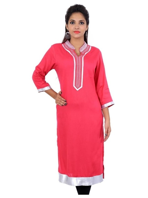 Rayon 120 Gsm Pink Plain Dyed Kurti With Zari