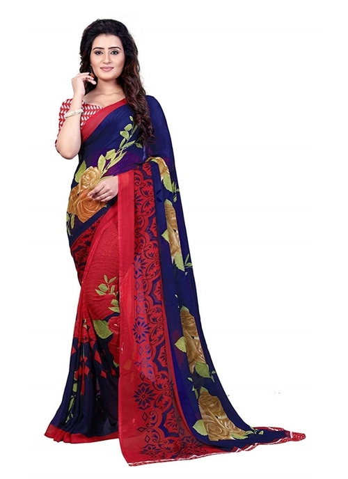 Printed Faux Georgette Blue Color Saree