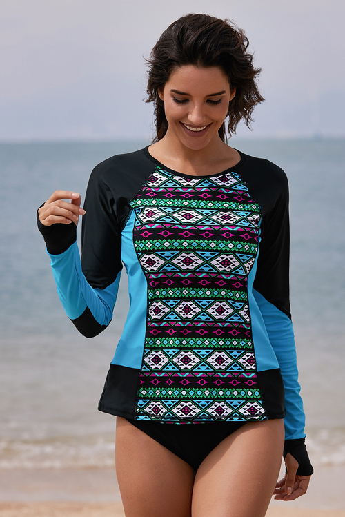 Black Blue Color Block Tribal Print Rashguard Top