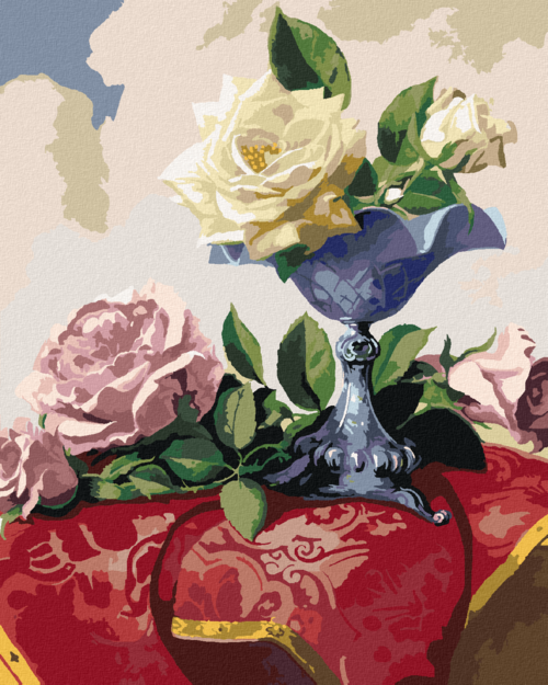 Paint by Numbers - STILL LIFE WHITE AND PINK ROSES ON A RED TABLECLOTH