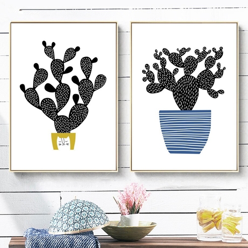 Black Cactus Potted Flowers Wall Art Canvas