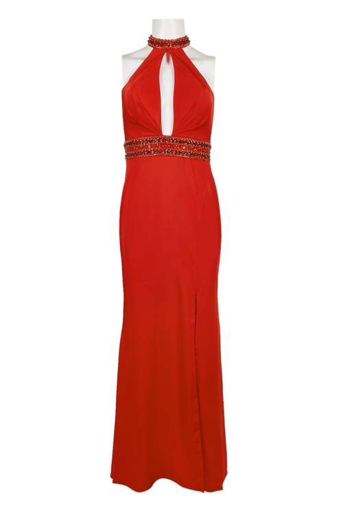 Dave & Johnny Embellished Halter Neck Slit Front Embellished Waist