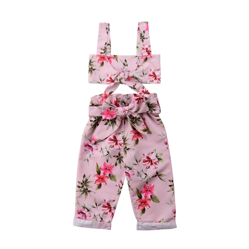 2pcs Summer Kid Baby Girl Bow Floral Crop Top