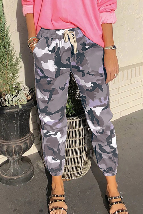 Gray Elastic Waist Neon Camo Joggers