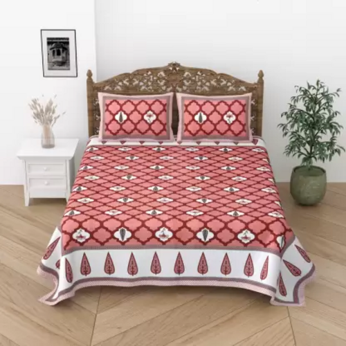 244 TC Cotton Double Floral Flat Bedsheet  (Pack of 1, Red Block)