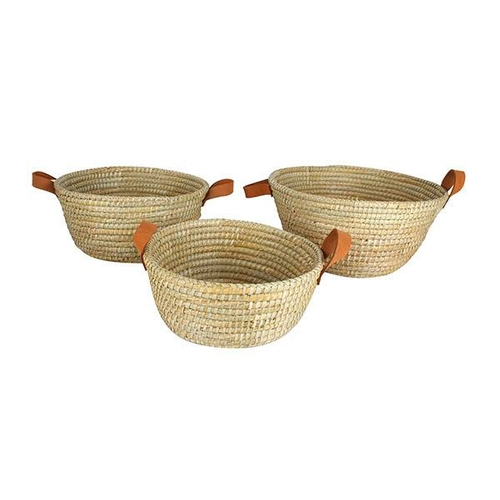 Noosa Palm Leaf Basket Leather Handle Set Of 3