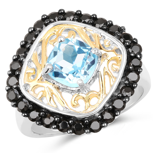 Two Tone Plated 2.85 Carat Genuine Swiss Blue Topaz and Black Spinel