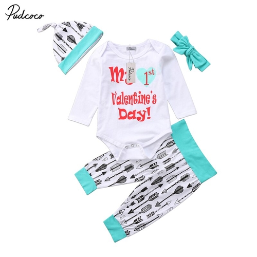 4Pcs Set Valentine Romper Pant Headband Hat