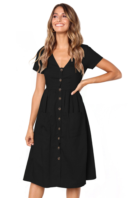 Black Stylish Button Front Midi Dress with Pockets