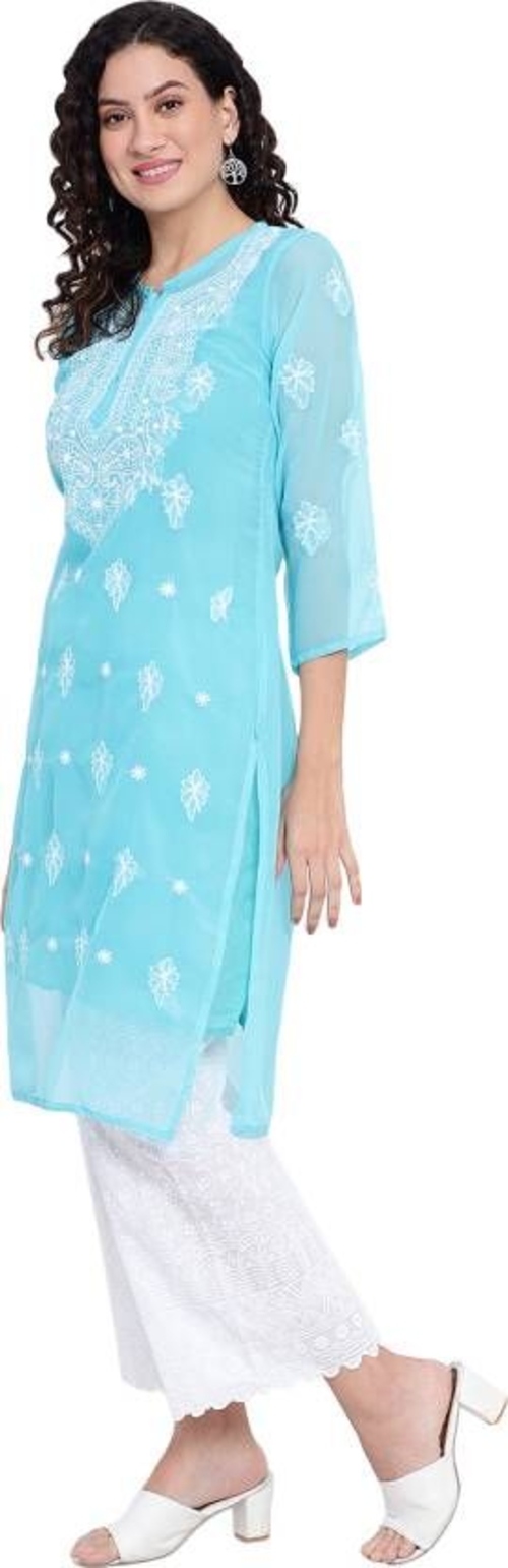Women Chikan Embroidery Below knee length Georgette A-line Kurta