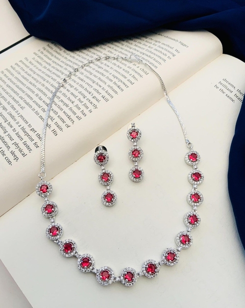 High Quality Silver Plated American Diamond Necklace Set