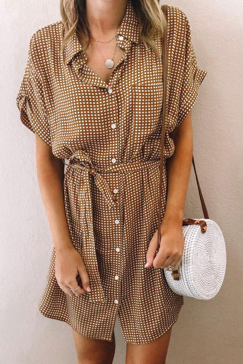 Brown Plaid Pocketed Shirt Mini Dress with Waist Tie