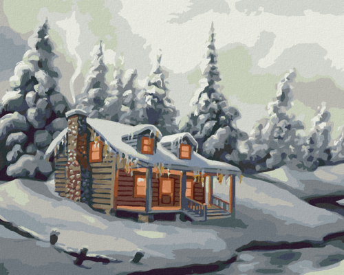 Zuty - Paint by Numbers - SNOW-COVERED TREES, RIVER AND HUT IN WINTER